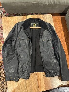Belstaff Black Waxed Bomber Jacket with Corduroy Collar
